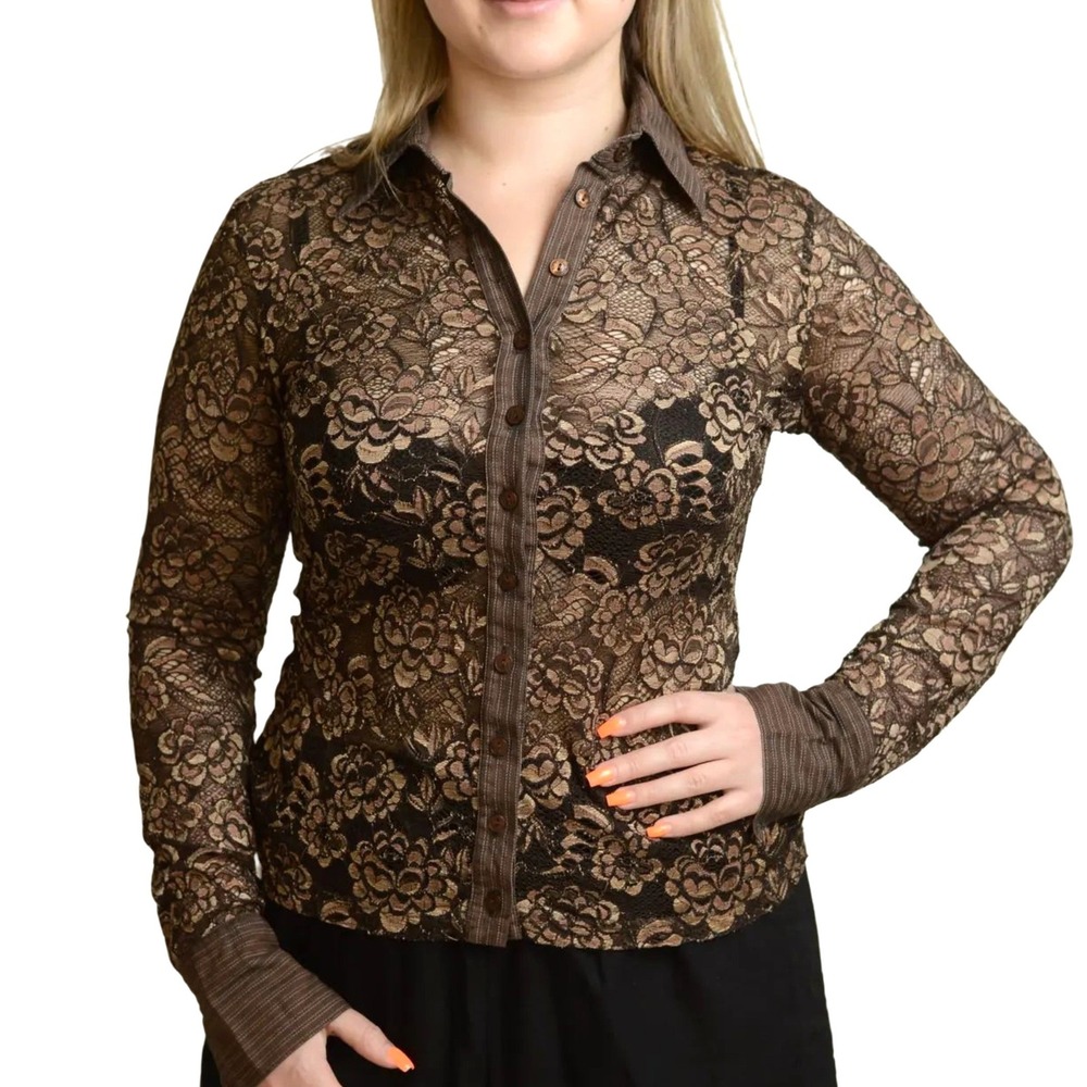 Anne Fontaine Soho Brown Floral Lace Button Down Blouse French Cuff Size 3 M